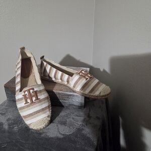Tommy Hilfiger Canvas Brown Tan Stripe Slip On Flat Espadrilles Shoes Size 10